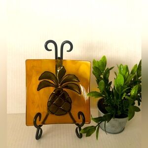 Fused Art Glass Square Trinket Dish Pineapple signed by: Julie Johnson Hawaii